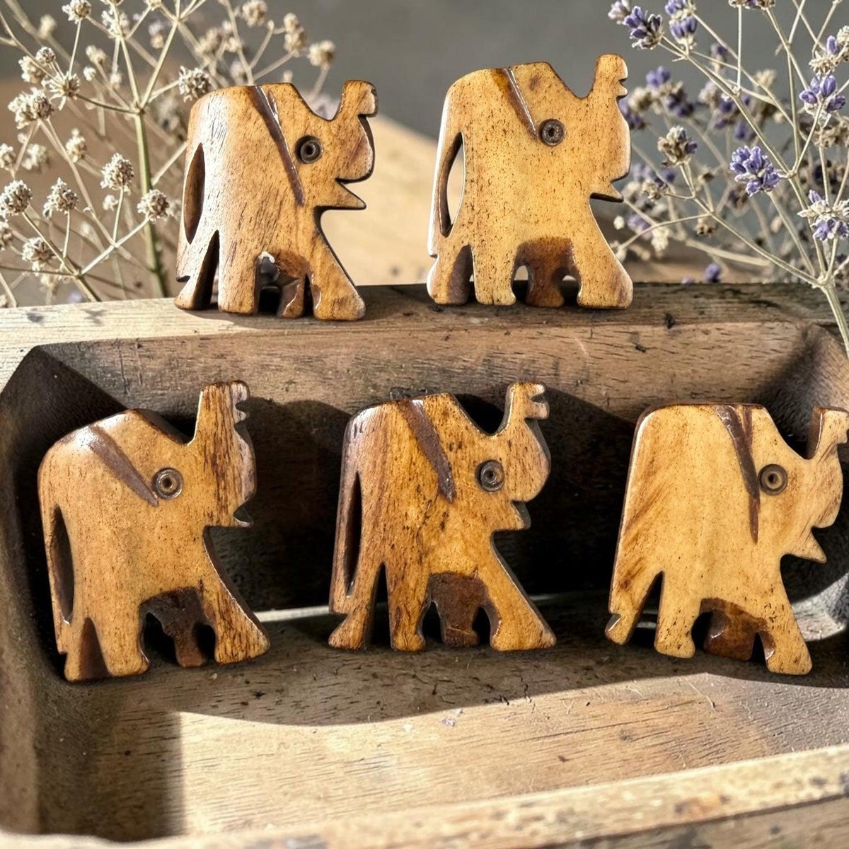 Vintange Elephant Beads - Carved Bone, 22 to 29mm - Lot A - 5 Beads