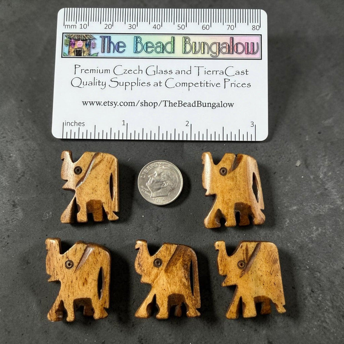 Vintange Elephant Beads - Carved Bone, 22 to 29mm - Lot A - 5 Beads