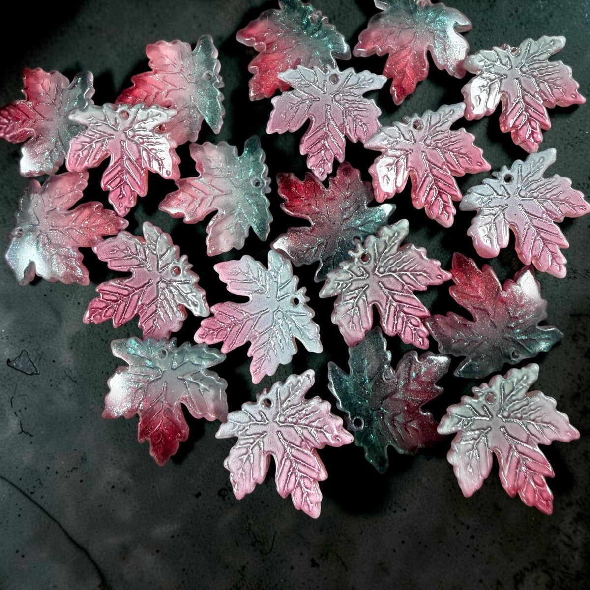 Teal and Fuchsia Glass Leaf Beads - 19.5mm Top Drilled Maple Leaf Shape (ML19-819) * 10 Beads