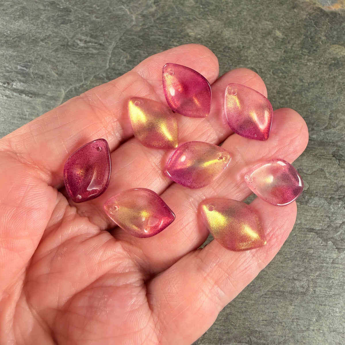Fuchsia and Gold Glass Petal or Leaf Bead, 19x13mm Concave Oval (COL-101) * 10 Beads