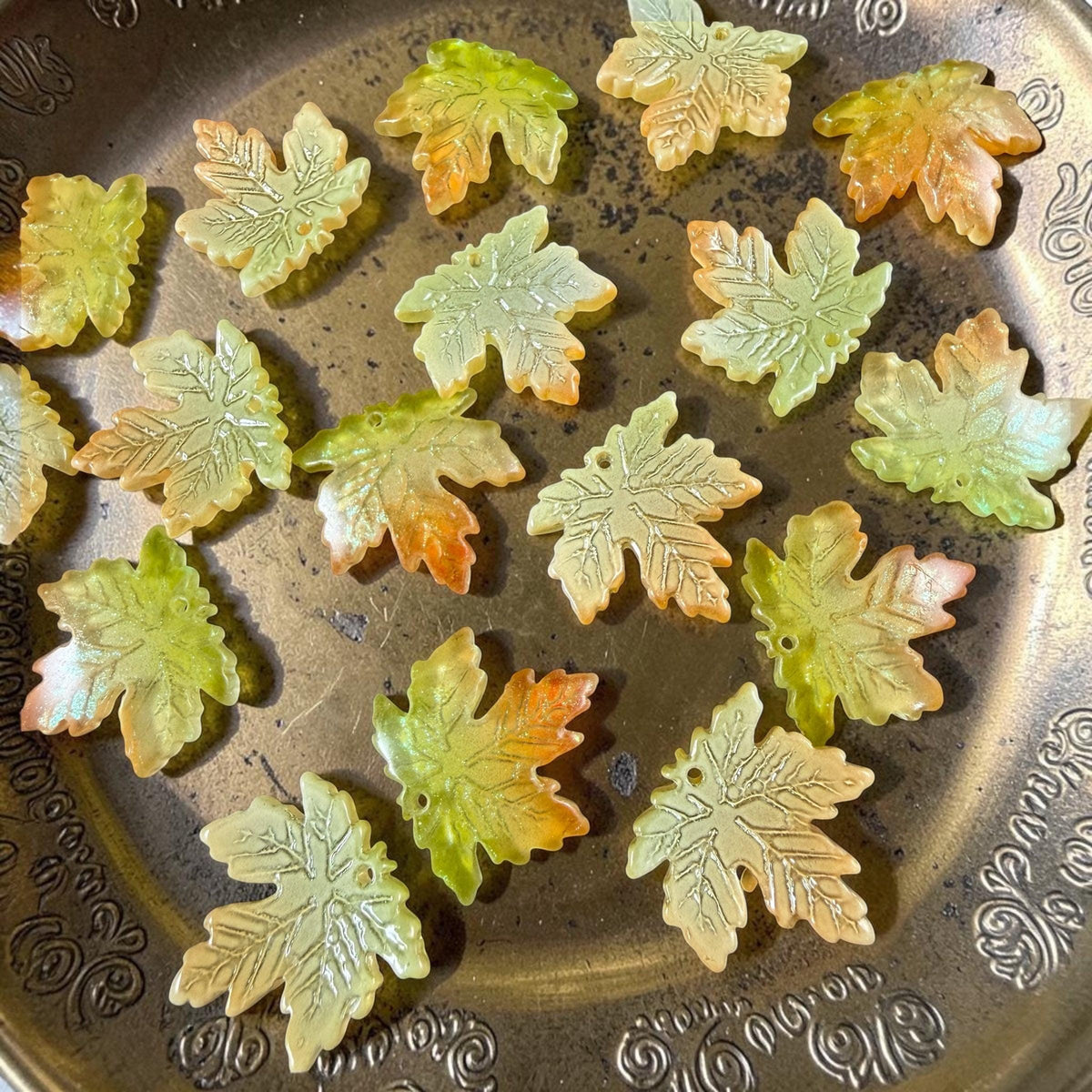 Yellow, Green & Orange Glass Leaf Beads - 19.5mm Top Drilled Maple Leaf Shape (ML19-098) * 10 Beads