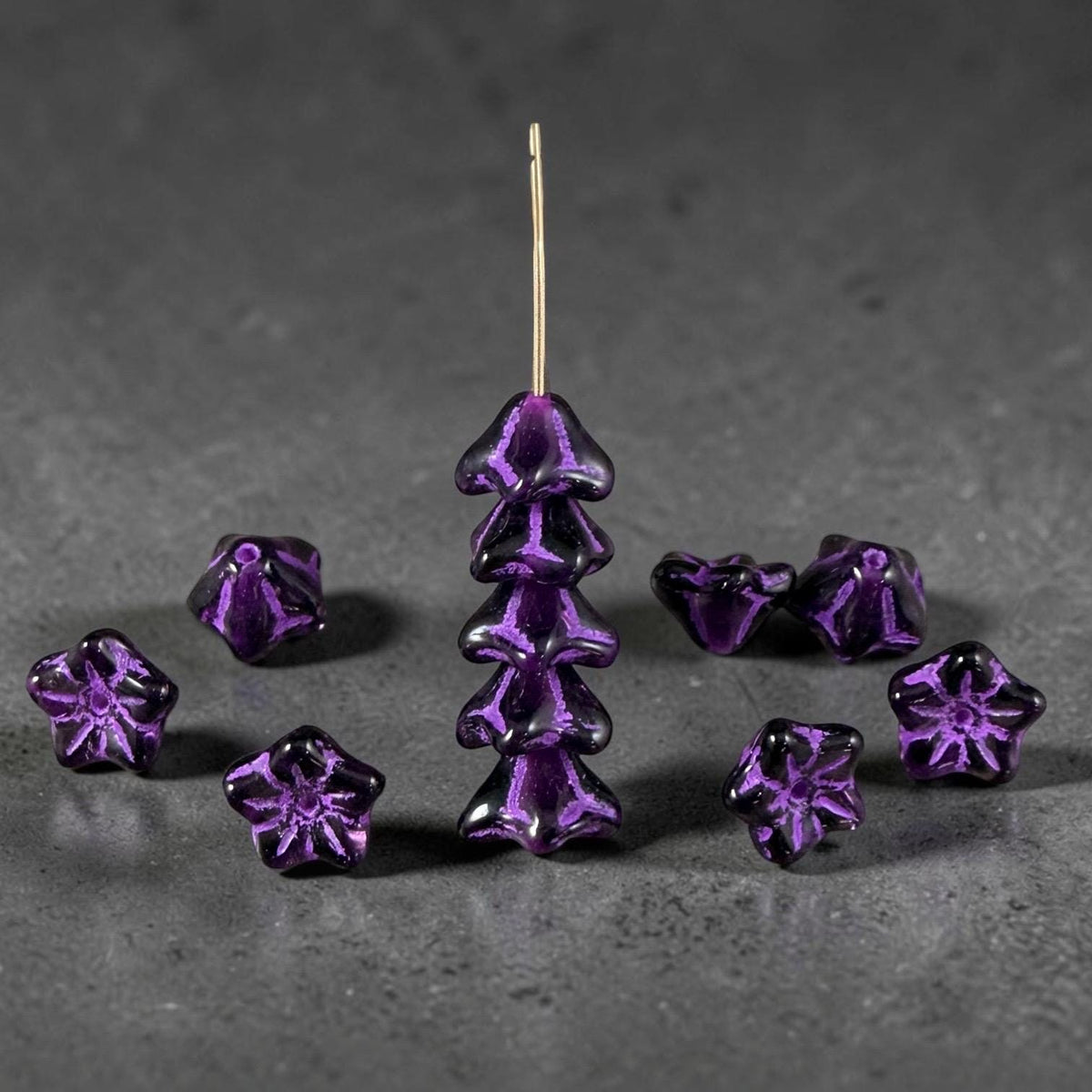 Czech Glass Beads - 6x9mm Bell Flower, Dark Purple with Lavender Wash (BF/N-0436) * Qty. 25