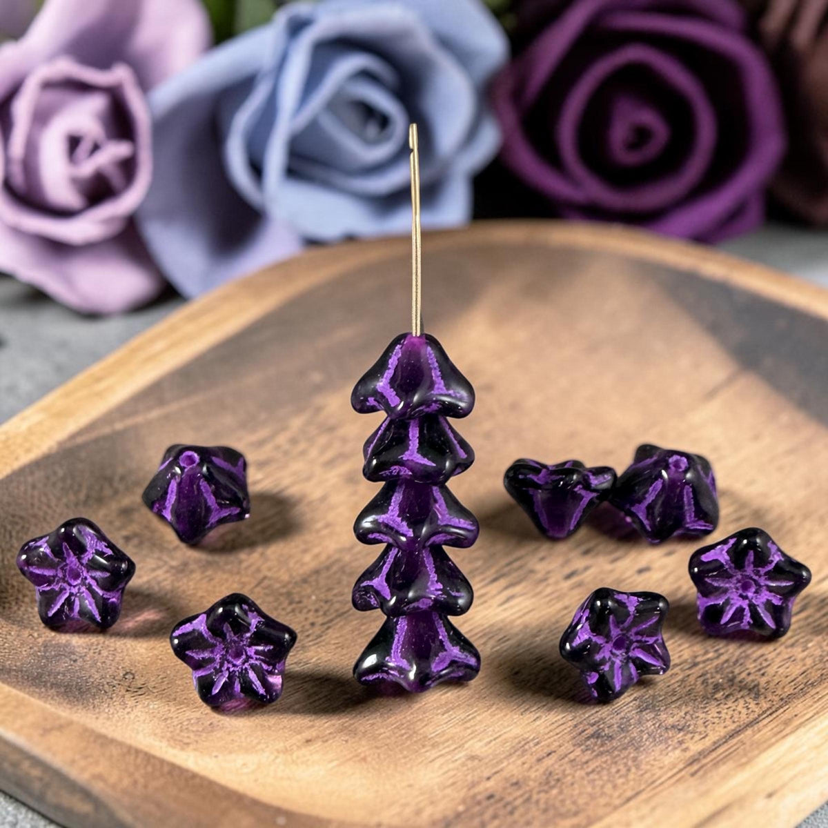 Czech Glass Beads - 6x9mm Bell Flower, Dark Purple with Lavender Wash (BF/N-0436) * Qty. 25