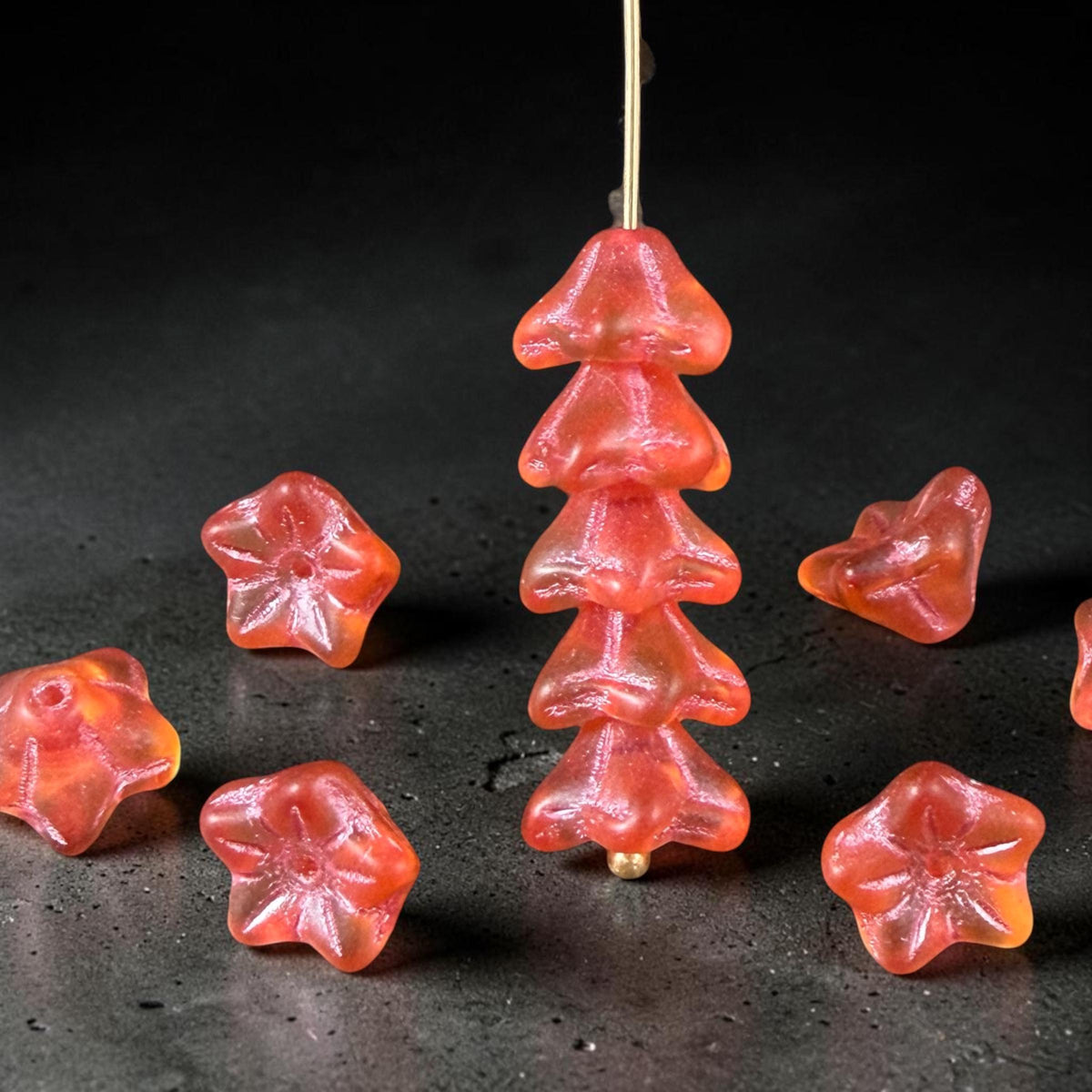 Czech Glass Beads - 6x9mm Bell Flower, Matte Orange with Pink Wash (BF/N-0084) * Qty. 25