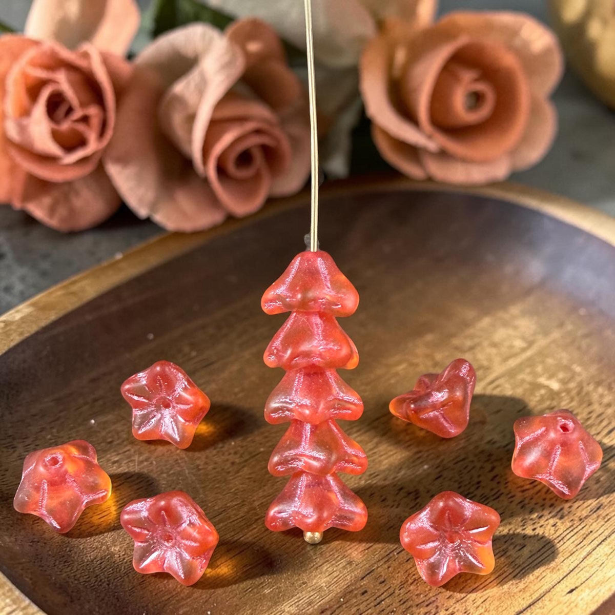 Czech Glass Beads - 6x9mm Bell Flower, Matte Orange with Pink Wash (BF/N-0084) * Qty. 25