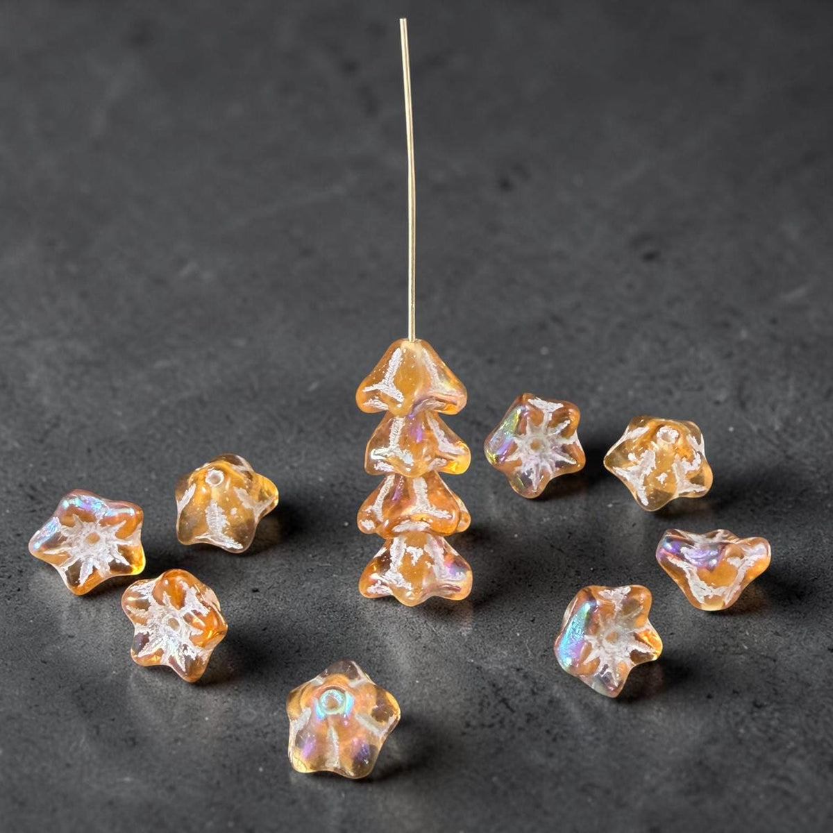 Czech Glass Beads - 6x9mm Bell Flower, Dandelion Yellow with AB and White Wash (BF/N-0613) * Qty. 25