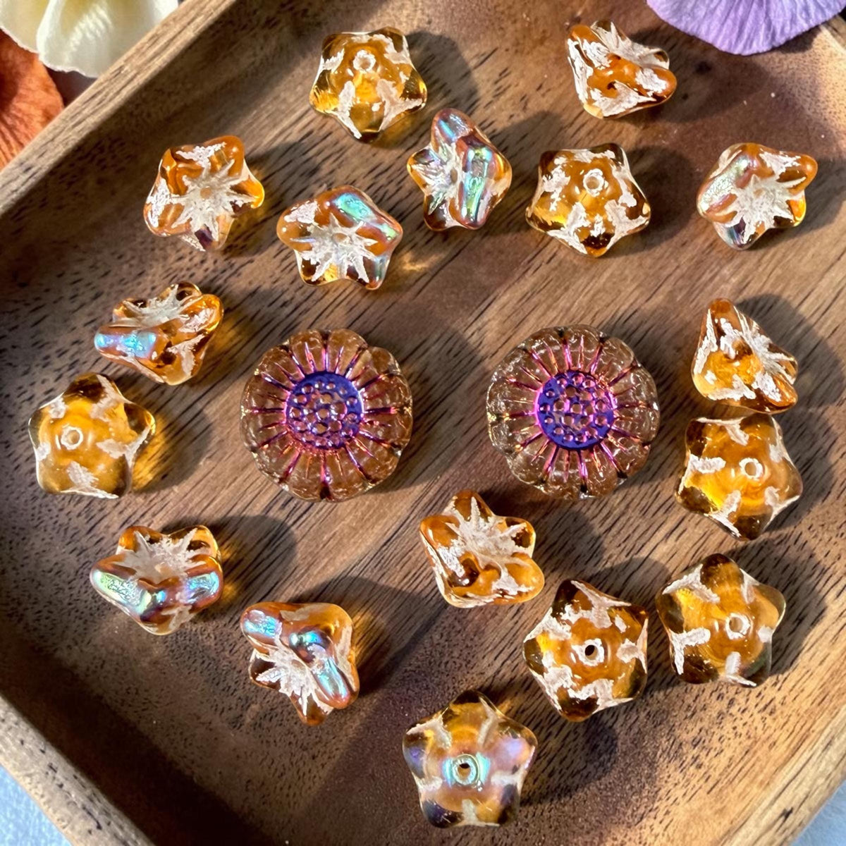 Czech Glass Beads - 6x9mm Bell Flower, Dandelion Yellow with AB and White Wash (BF/N-0613) * Qty. 25