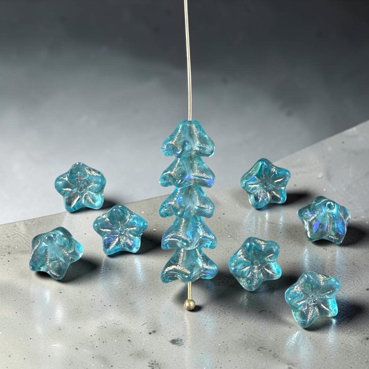 Czech Glass Beads - 6x9mm Bell Flower, Aqua Blue with AB Finish and Gold Wash (BF/N-0473) * Qty. 25