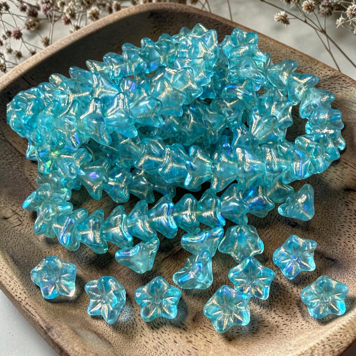 Czech Glass Beads - 6x9mm Bell Flower, Aqua Blue with AB Finish and Gold Wash (BF/N-0473) * Qty. 25
