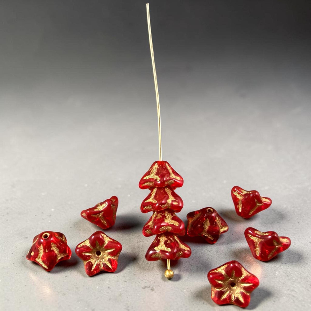Czech Glass Beads - 6x9mm Bell Flower, Transparent Red with Gold Wash (BF/N-0212) * Qty. 25