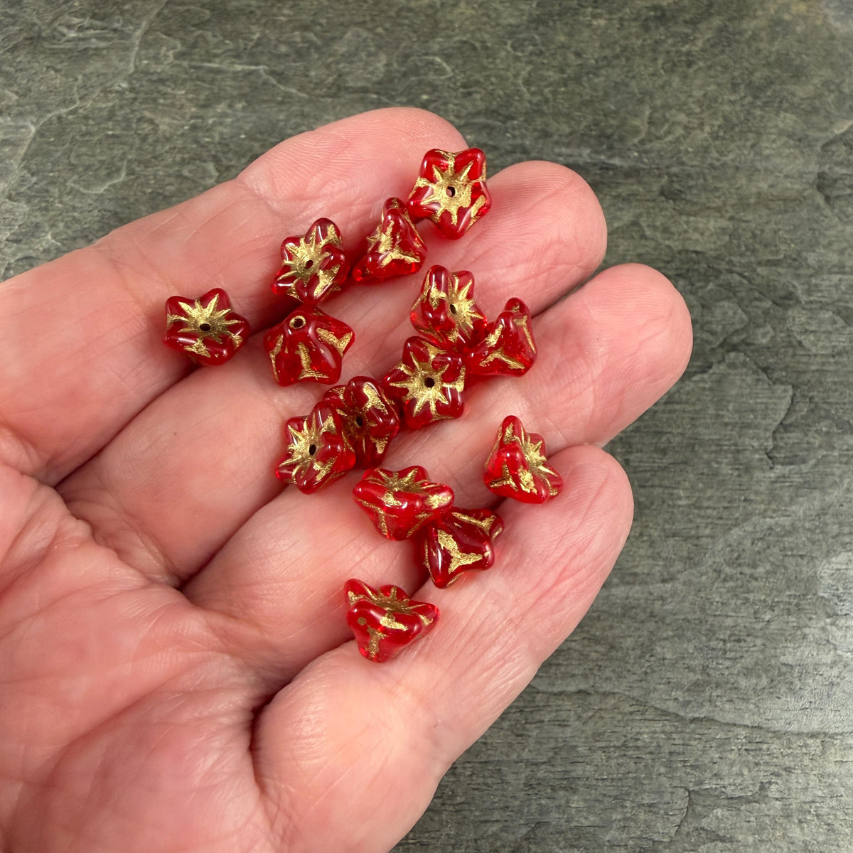 Czech Glass Beads - 6x9mm Bell Flower, Transparent Red with Gold Wash (BF/N-0212) * Qty. 25