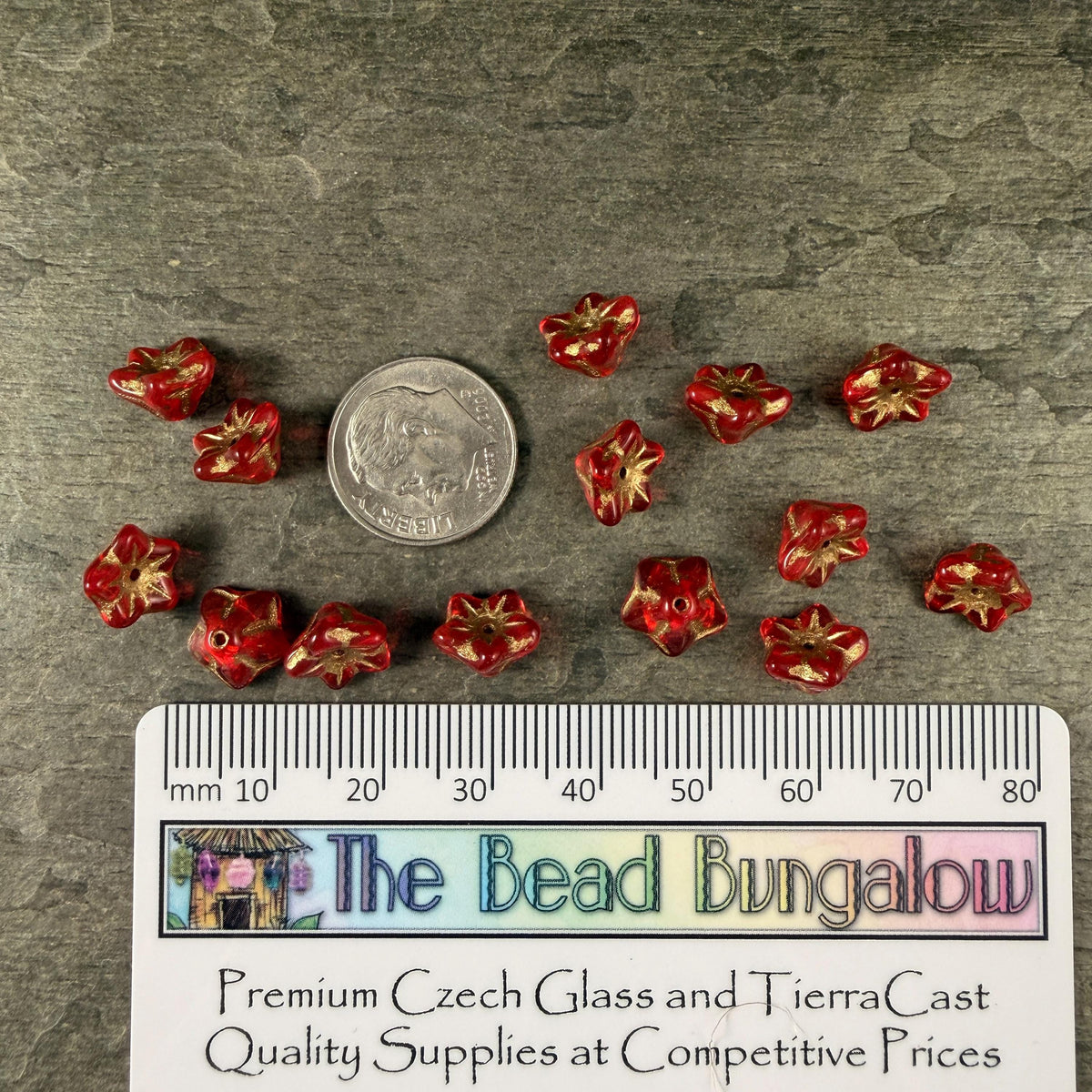 Czech Glass Beads - 6x9mm Bell Flower, Transparent Red with Gold Wash (BF/N-0212) * Qty. 25