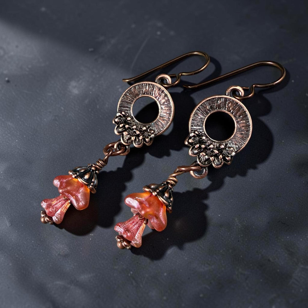 Czech Glass Beads - 6x9mm Bell Flower, Matte Orange with Pink Wash (BF/N-0084) * Qty. 25