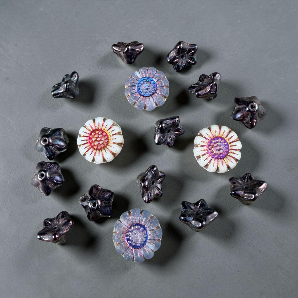 Czech Glass Beads - 6x9mm Bell Flower, Black with Mother of Pearl Finish (BF/N-0648) * Qty. 25