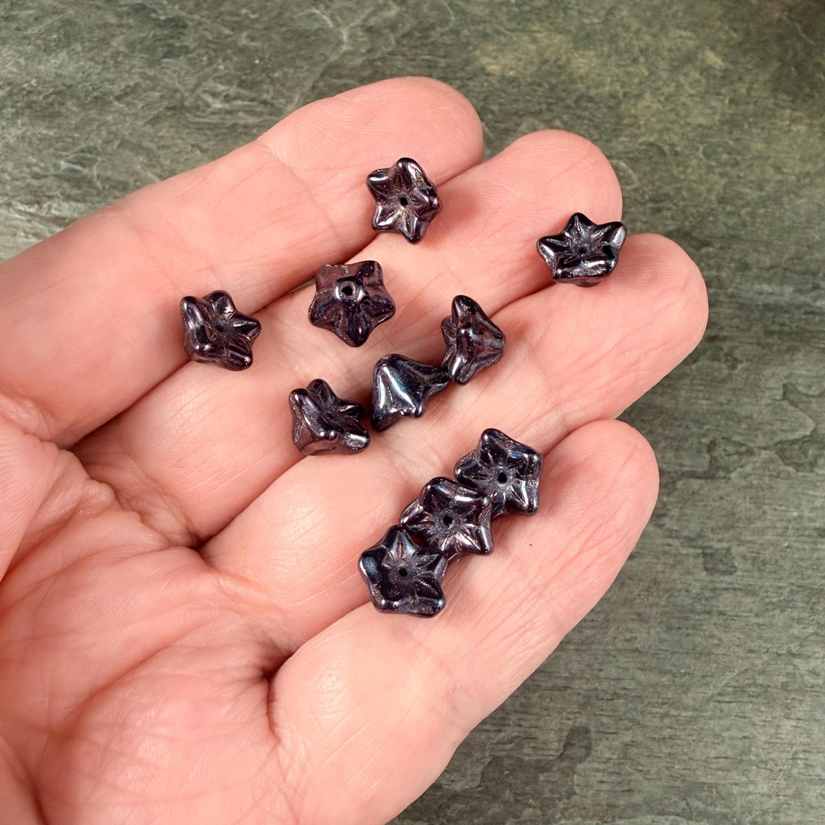 Czech Glass Beads - 6x9mm Bell Flower, Black with Mother of Pearl Finish (BF/N-0648) * Qty. 25
