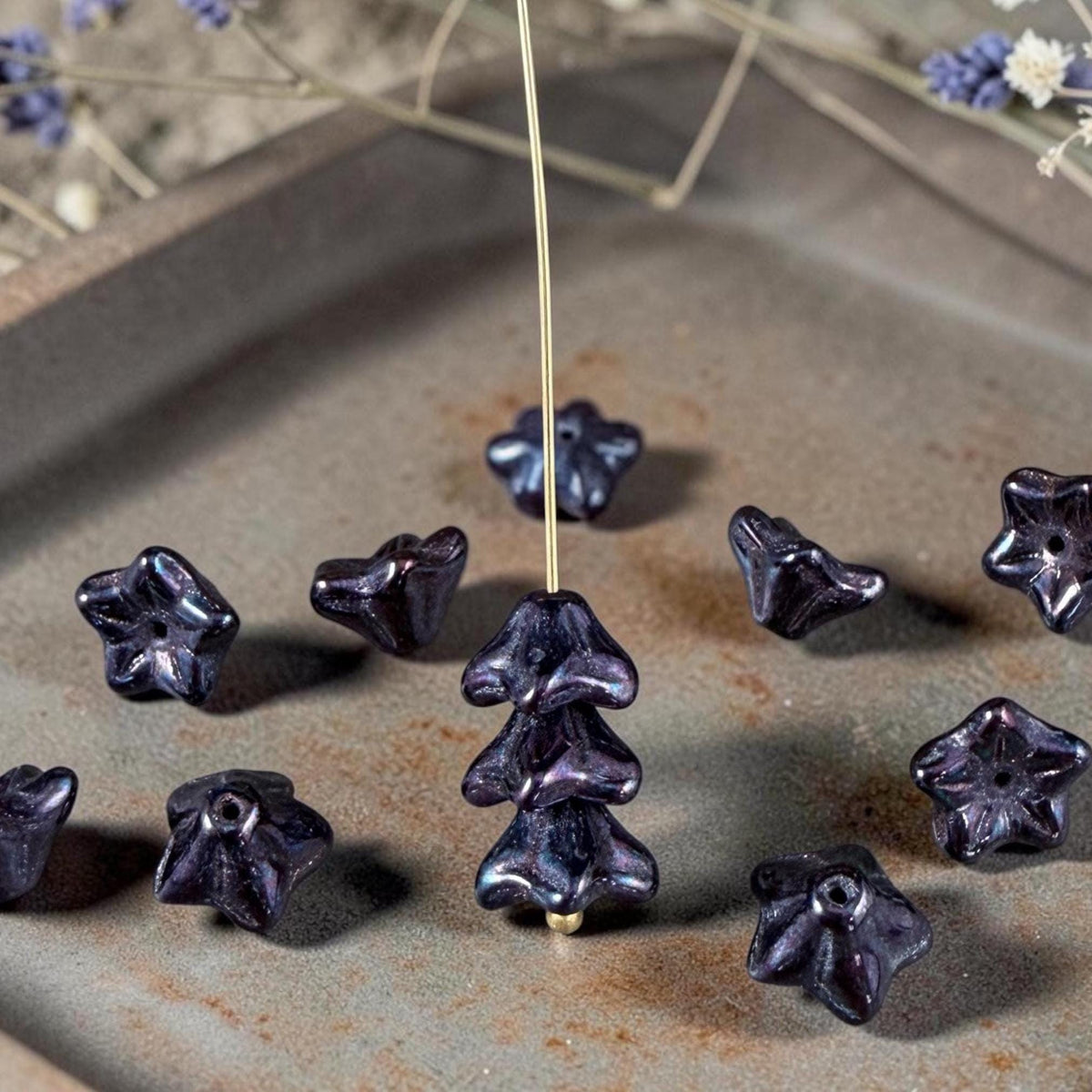 Czech Glass Beads - 6x9mm Bell Flower, Black with Mother of Pearl Finish (BF/N-0648) * Qty. 25