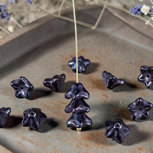 Czech Glass Beads - 6x9mm Bell Flower, Black with Mother of Pearl Finish (BF/N-0648) * Qty. 25