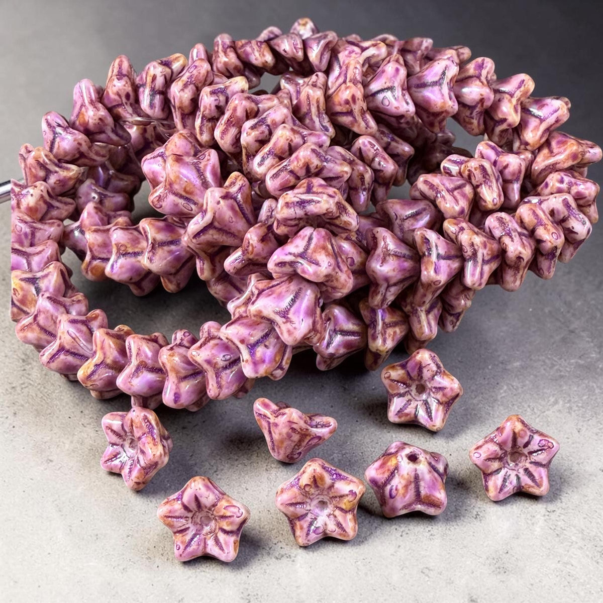 Czech Glass Beads - 6x9mm Bell Flower, Alabaster with Lavender Picasso (BF/N-0065) * Qty. 25