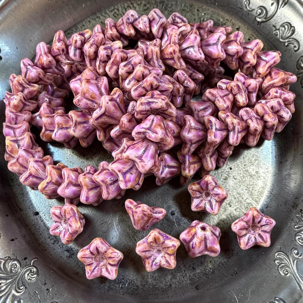 Czech Glass Beads - 6x9mm Bell Flower, Alabaster with Lavender Picasso (BF/N-0065) * Qty. 25