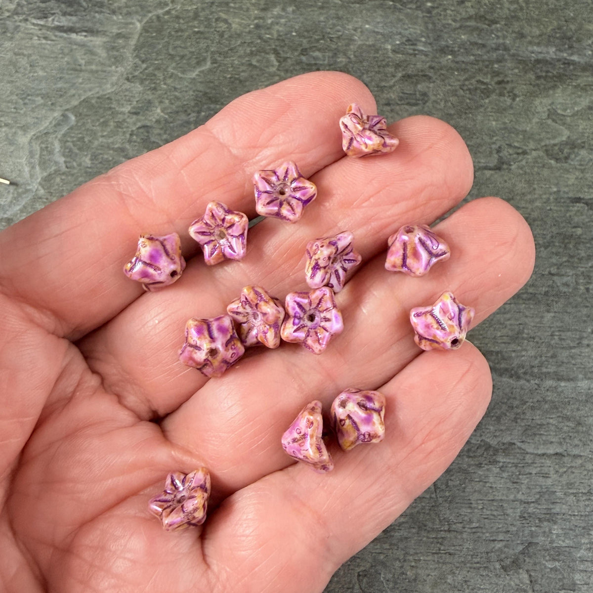 Czech Glass Beads - 6x9mm Bell Flower, Alabaster with Lavender Picasso (BF/N-0065) * Qty. 25