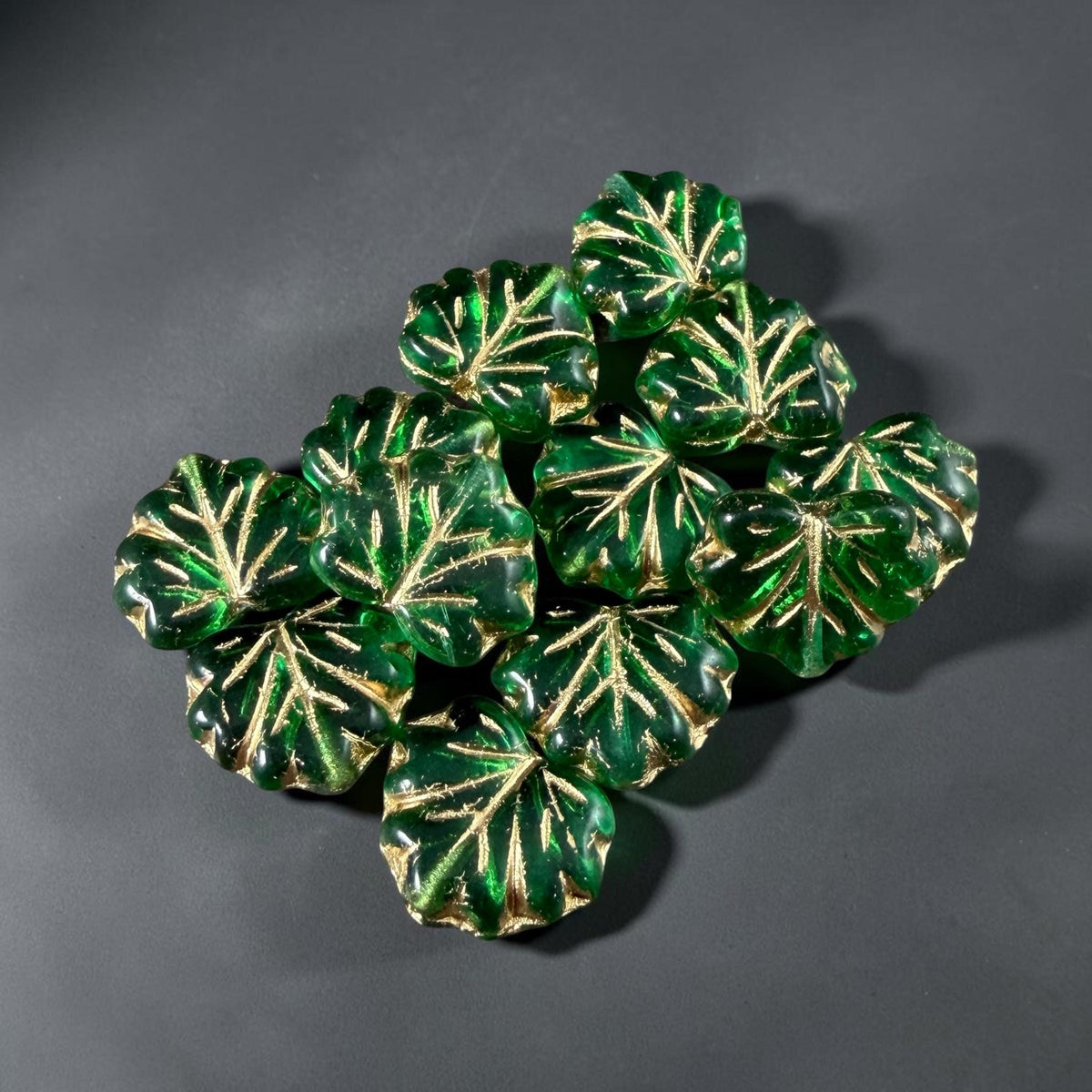 Czech Glass - 10x13mm Maple Leaf Beads, Transparent Green with Gold Wash (P-50700) * Qty. 10