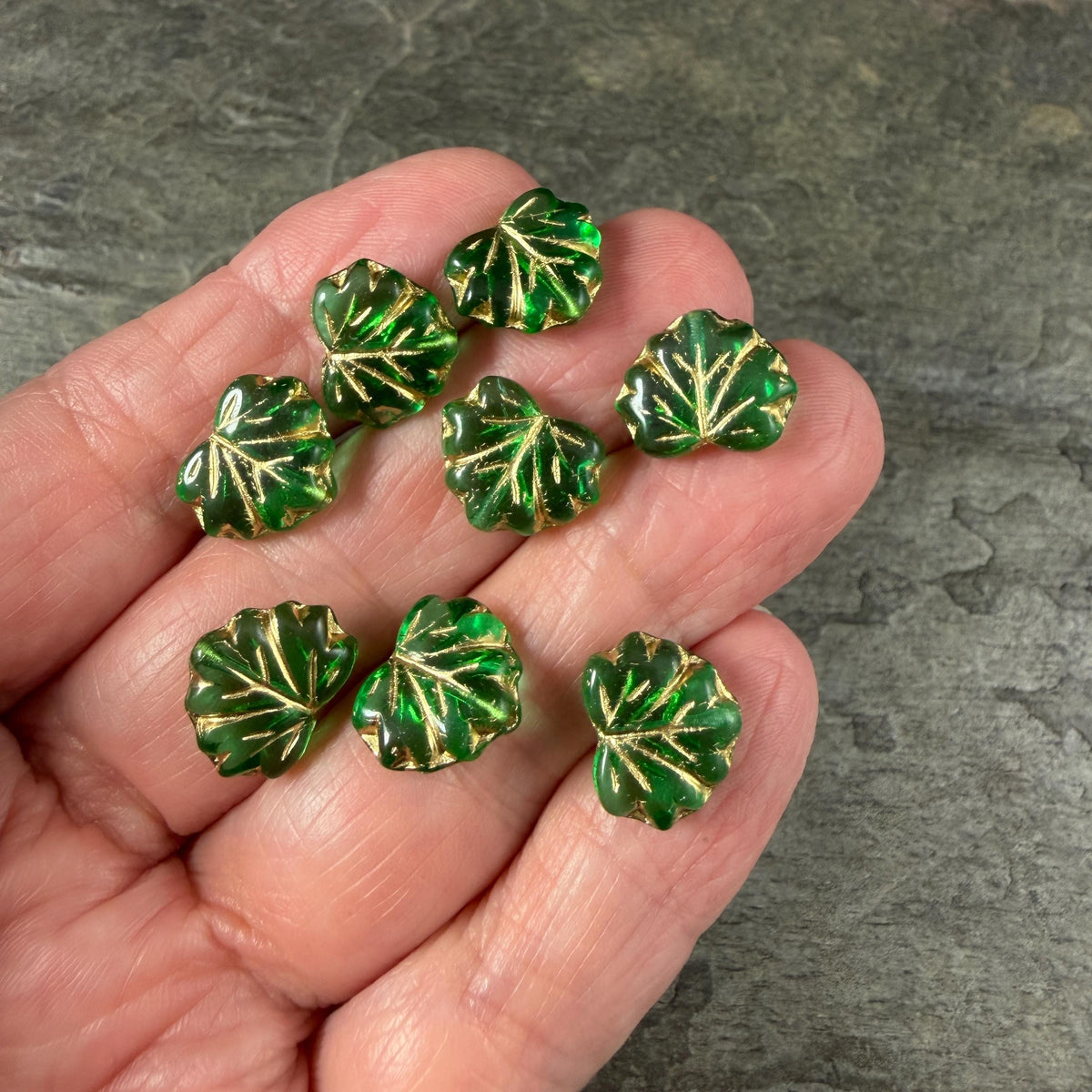 Czech Glass - 10x13mm Maple Leaf Beads, Transparent Green with Gold Wash (P-50700) * Qty. 10