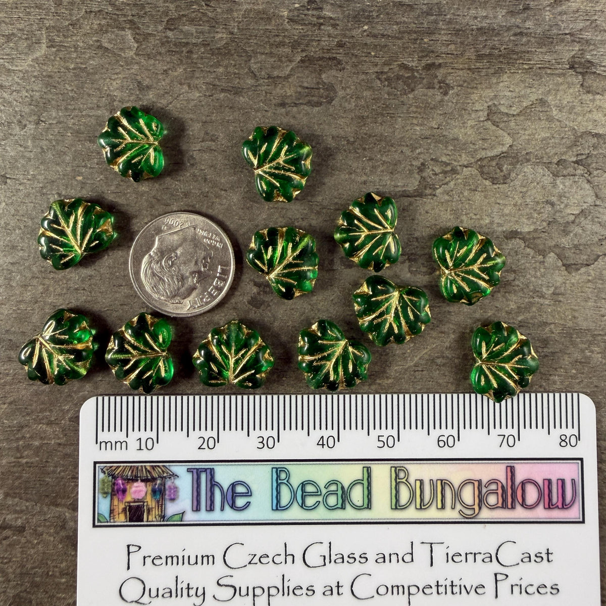 Czech Glass - 10x13mm Maple Leaf Beads, Transparent Green with Gold Wash (P-50700) * Qty. 10