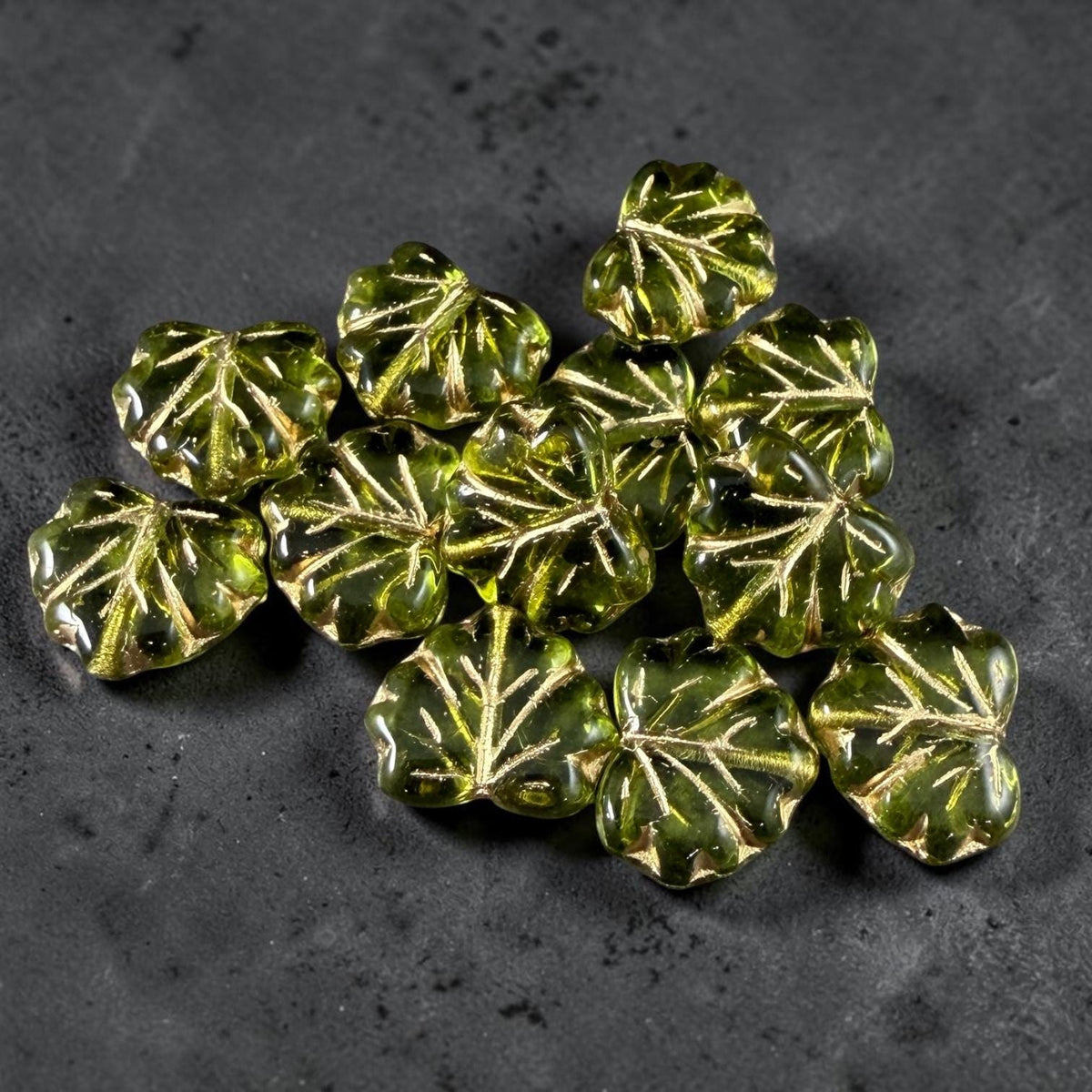 Czech Glass - 10x13mm Maple Leaf Beads, Olive Green with Gold Wash (P-50200) * Qty. 10