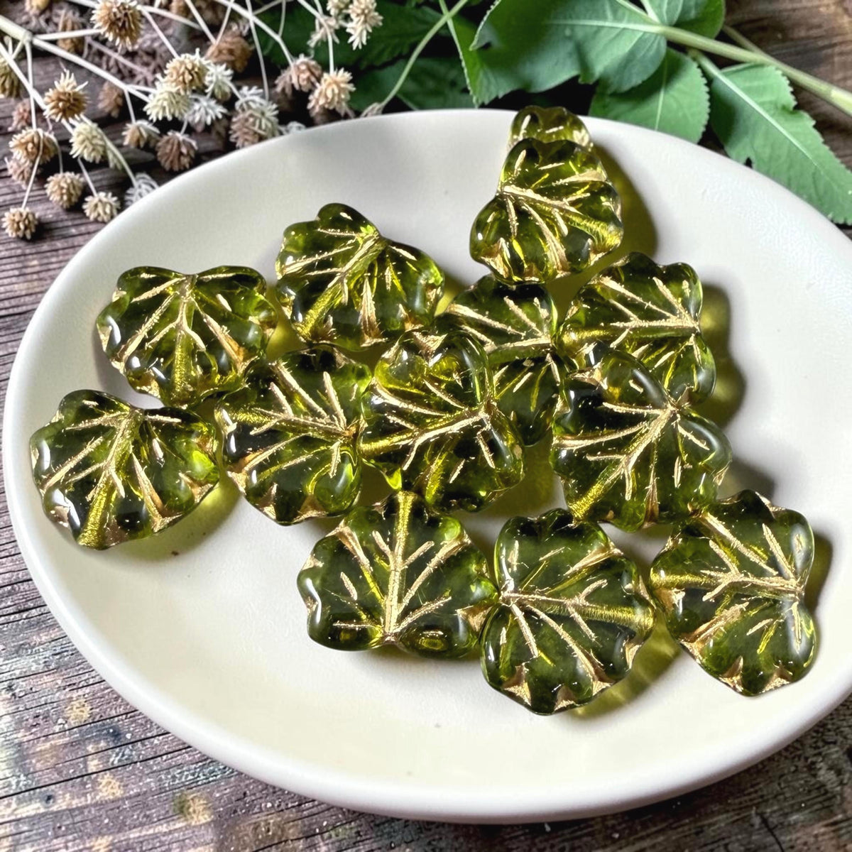 Czech Glass - 10x13mm Maple Leaf Beads, Olive Green with Gold Wash (P-50200) * Qty. 10