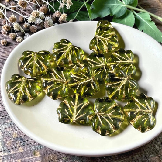 Czech Glass - 10x13mm Maple Leaf Beads, Olive Green with Gold Wash (P-50200) * Qty. 10