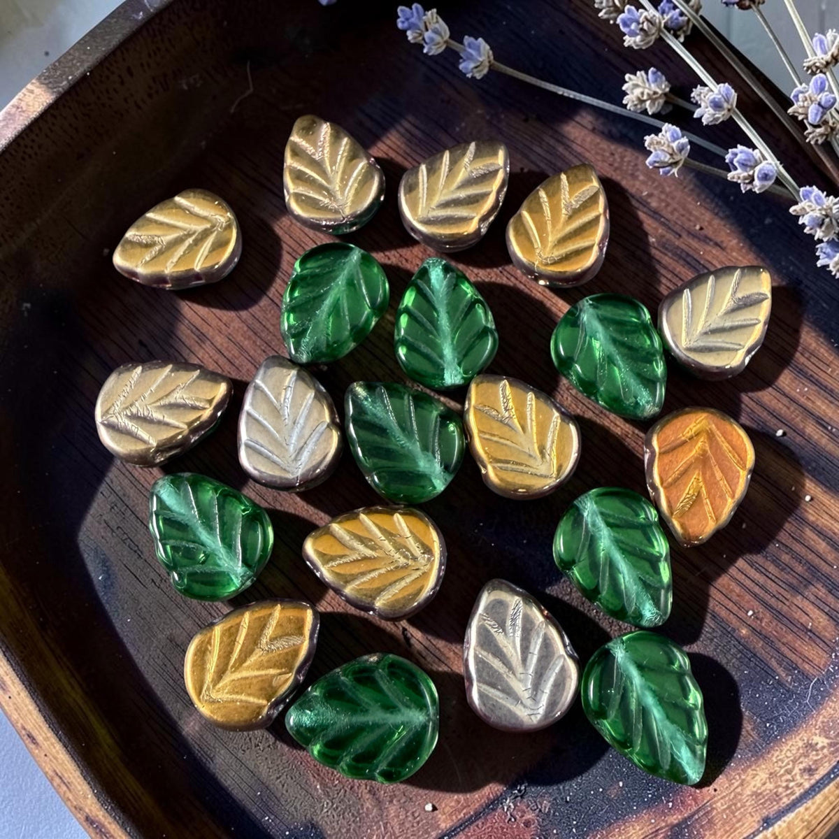 Green Leaf with Metallic Gold and Bronze Half Coat, 10x8mm Mint Leaf Czech Glass Beads (ML-50600) * Qty. 16
