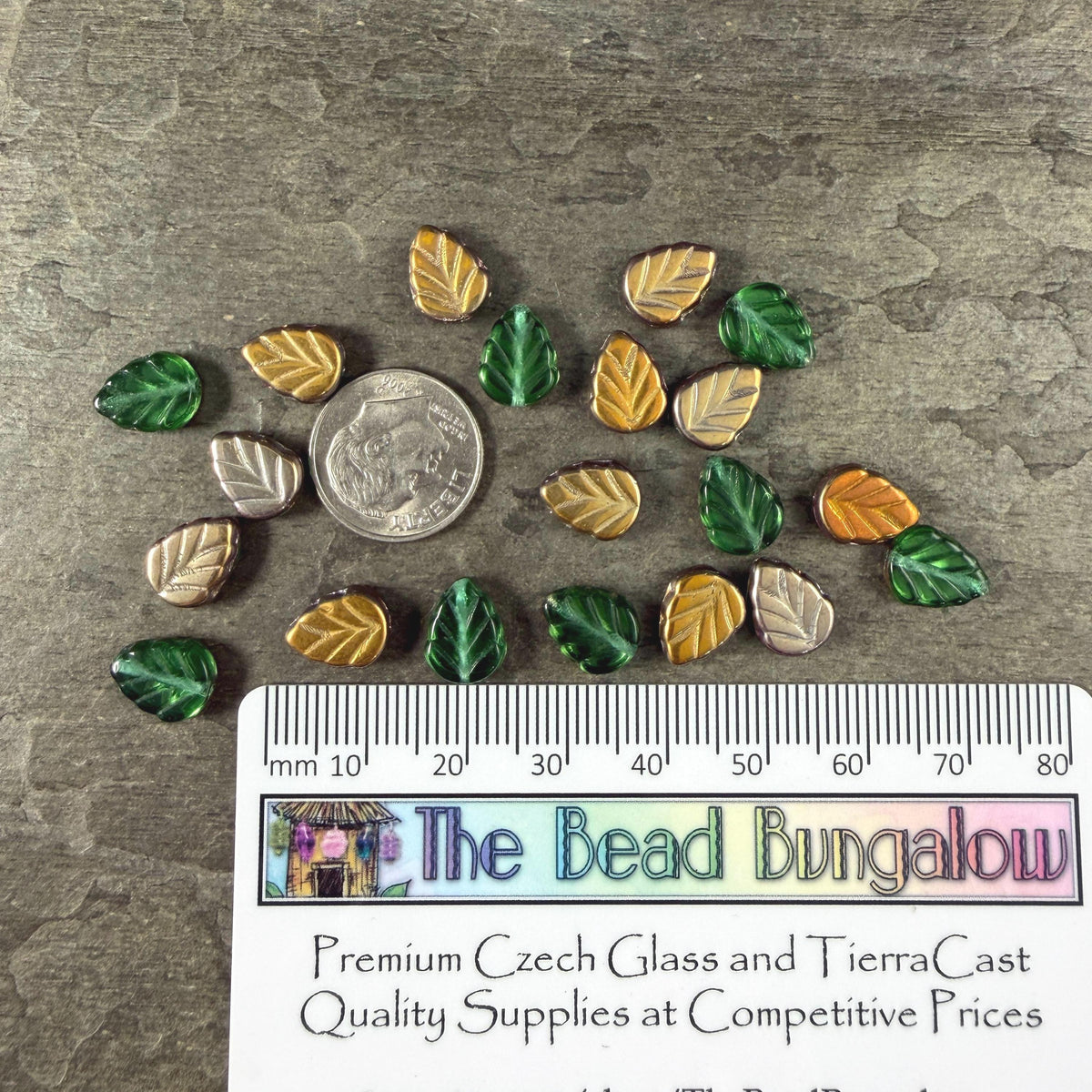 Green Leaf with Metallic Gold and Bronze Half Coat, 10x8mm Mint Leaf Czech Glass Beads (ML-50600) * Qty. 16