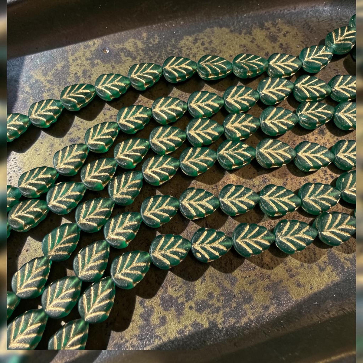 Czech Glass - 10x8mm Mint Leaf Bead, Matte Green with Gold Wash (Mint32) * Qty. 16