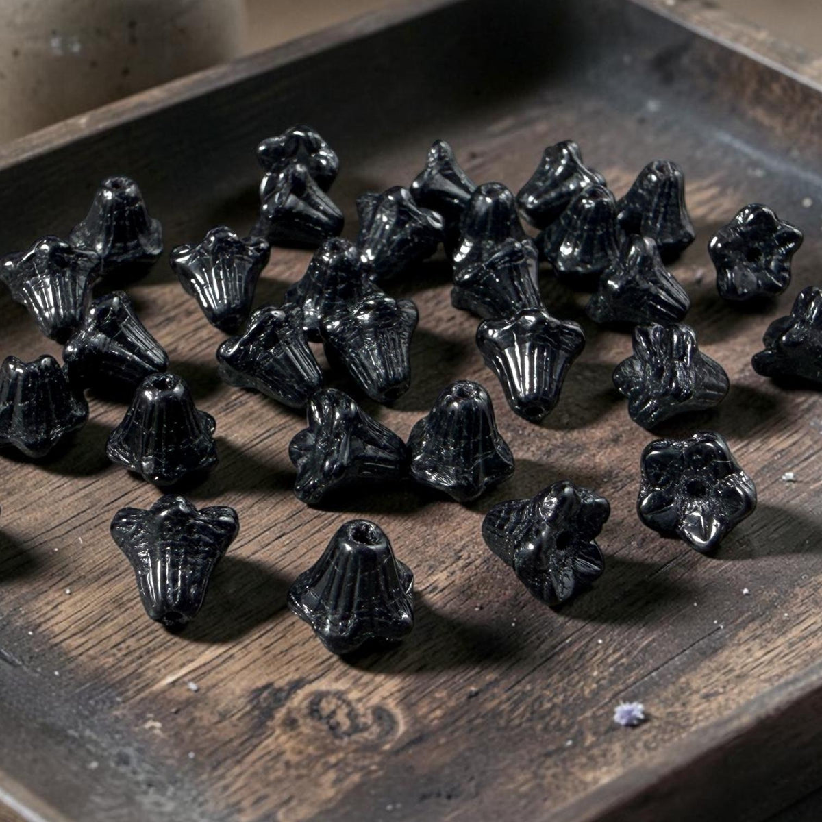 Czech Beads - 5x6mm Small Trumpet Bell Flower, Basic Black (FLO/N-0946) * 30 Beads