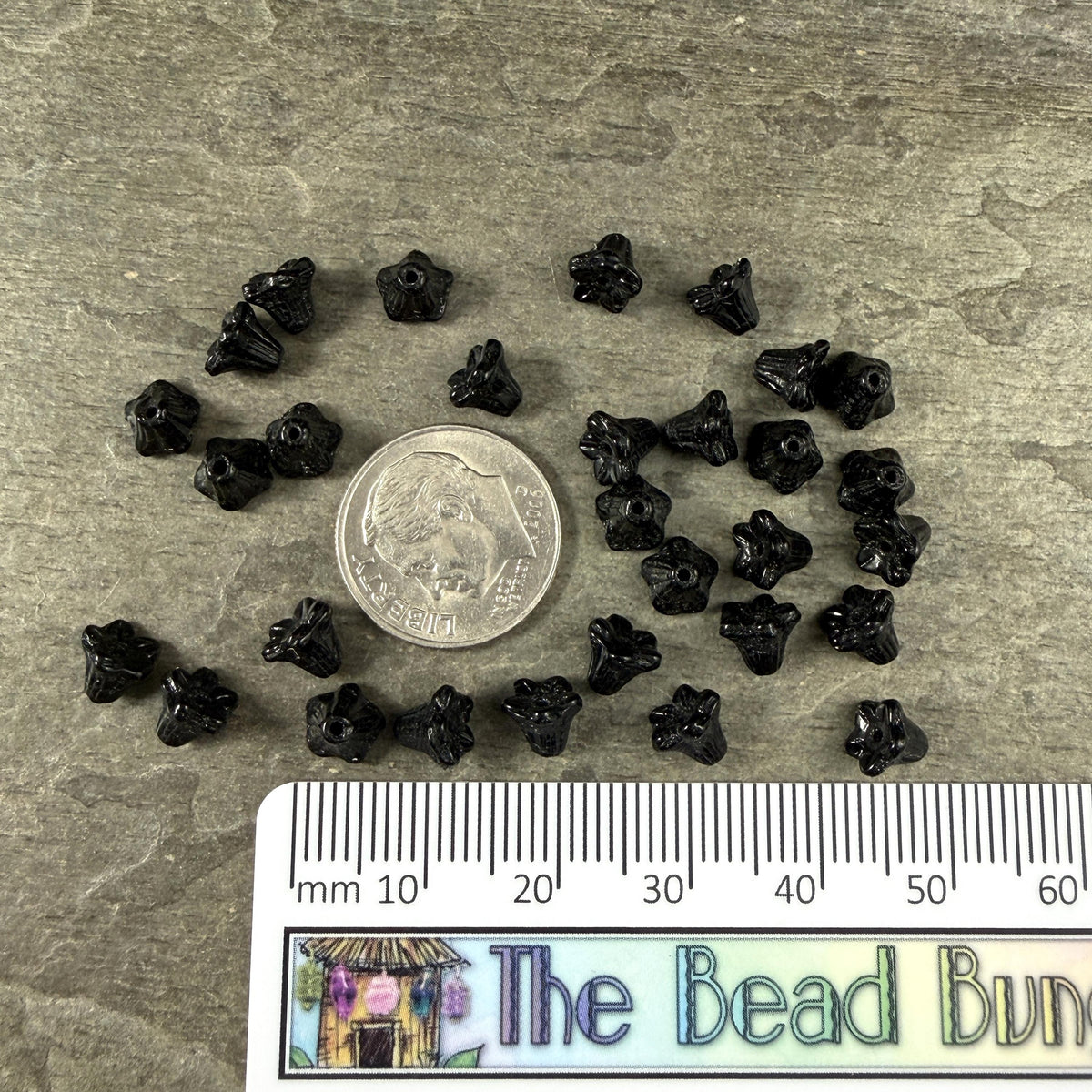 Czech Beads - 5x6mm Small Trumpet Bell Flower, Basic Black (FLO/N-0946) * 30 Beads