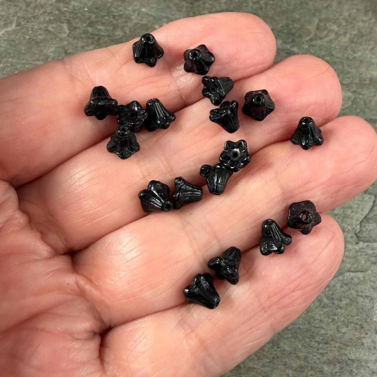 Czech Beads - 5x6mm Small Trumpet Bell Flower, Basic Black (FLO/N-0946) * 30 Beads