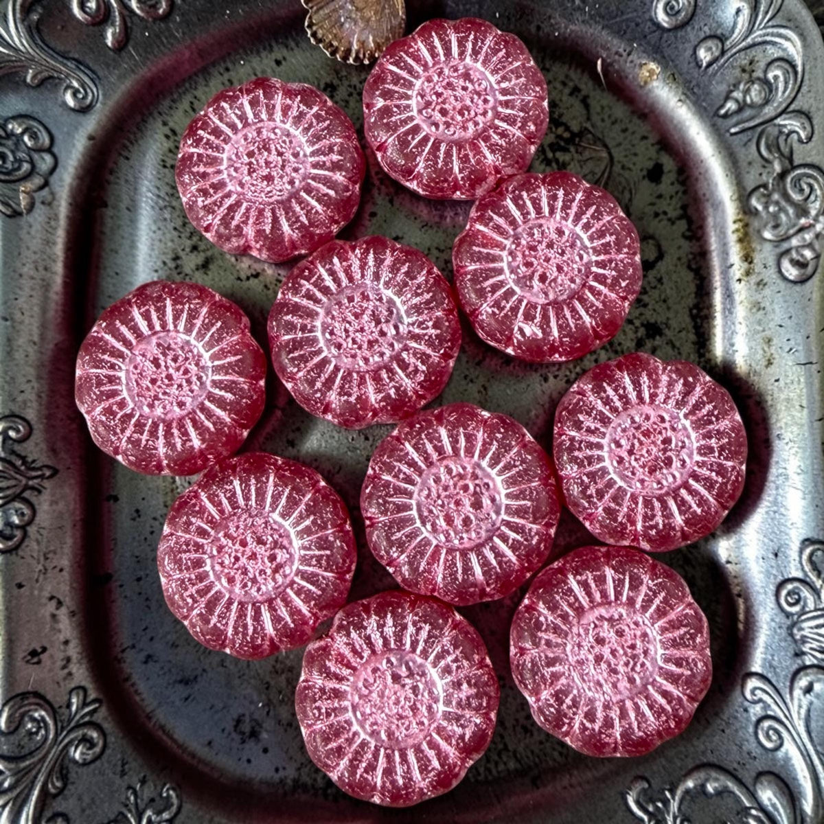 Czech Glass Beads - 13mm Sunflower Bead, Matte Red with Pink Wash (SFW/N-0995) * Qty. 10
