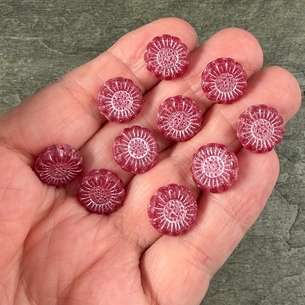 Czech Glass Beads - 13mm Sunflower Bead, Matte Red with Pink Wash (SFW/N-0995) * Qty. 10