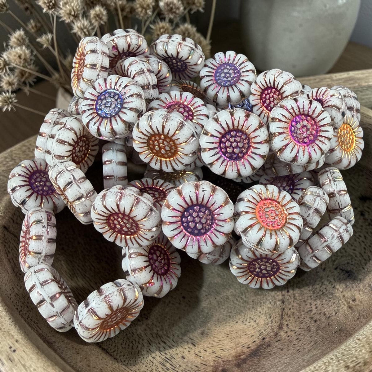 Czech Glass Beads - 13mm Sunflower Bead, Opaque White with Volcano Wash (SFW/N-0906) * Qty. 10