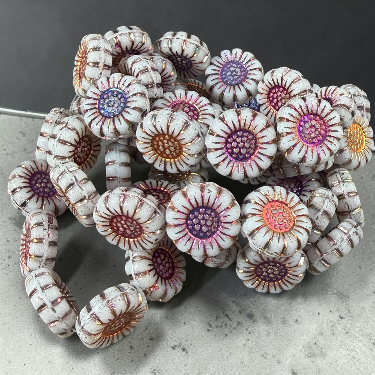 Czech Glass Beads - 13mm Sunflower Bead, Opaque White with Volcano Wash (SFW/N-0906) * Qty. 10