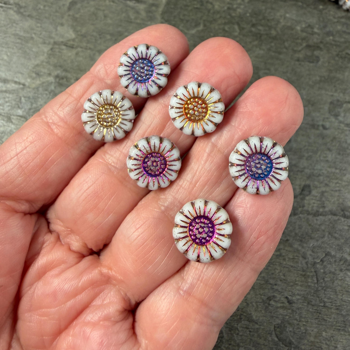 Czech Glass Beads - 13mm Sunflower Bead, Opaque White with Volcano Wash (SFW/N-0906) * Qty. 10