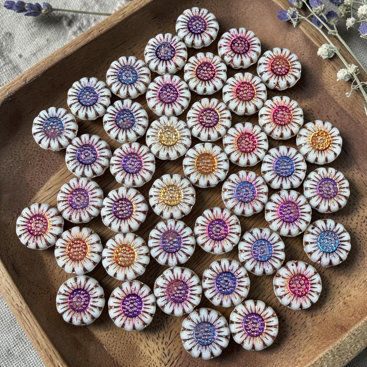 Czech Glass Beads - 13mm Sunflower Bead, Opaque White with Volcano Wash (SFW/N-0906) * Qty. 10