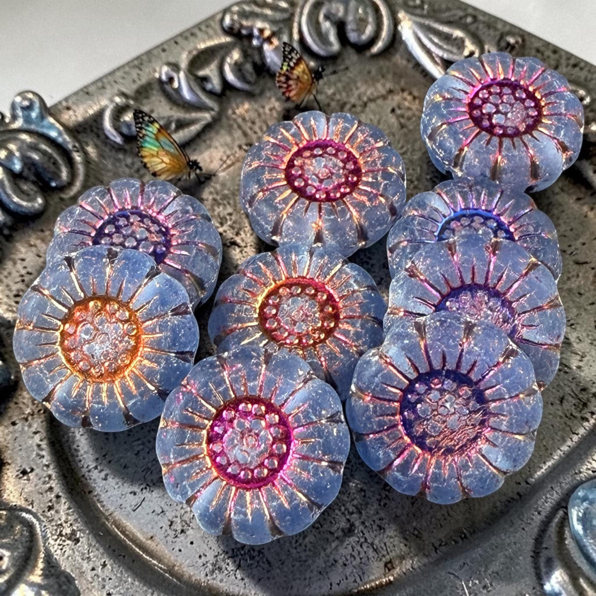 Czech Glass Beads - 13mm Sunflower Bead, Matte Sapphire with Volcano Wash (SFW/N-1273) * Qty. 10
