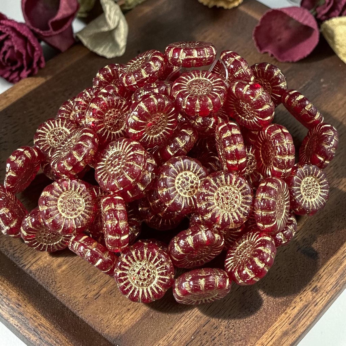 Czech Glass Beads - 13mm Sunflower Bead, Ruby Red with Gold Wash (SFW/N-0876) * Qty. 10