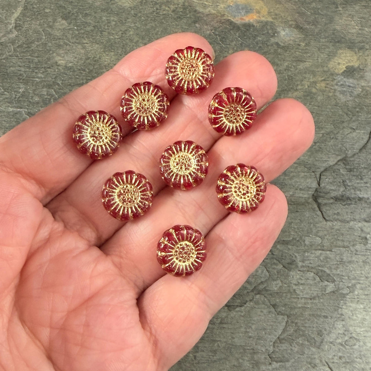 Czech Glass Beads - 13mm Sunflower Bead, Ruby Red with Gold Wash (SFW/N-0876) * Qty. 10