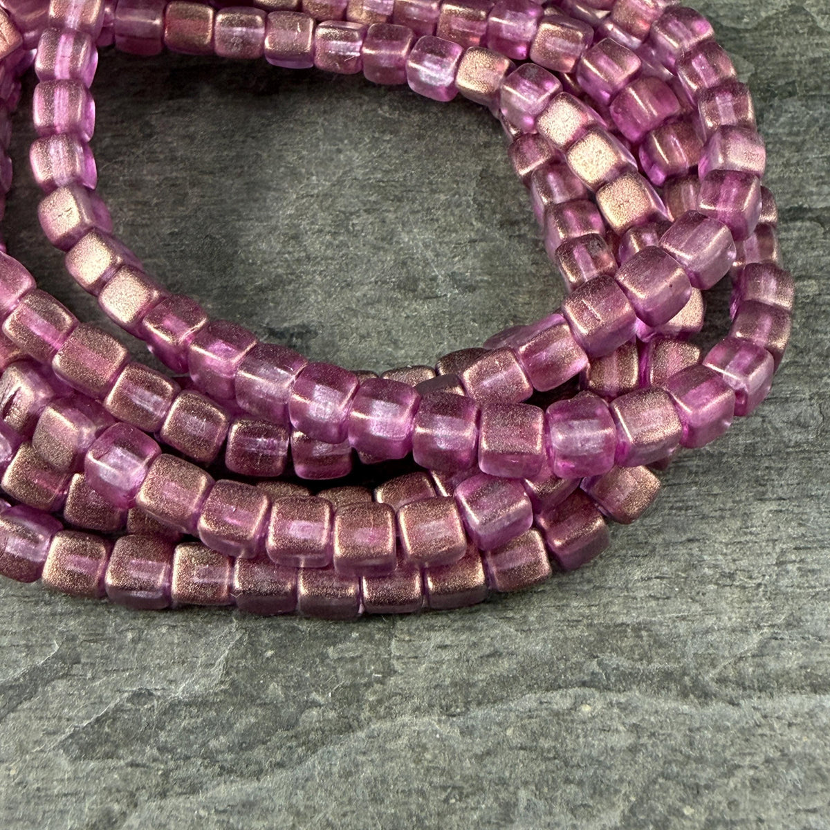 Czech Glass Beads - 4mm Cube Beads, Pink and Bronze Metallic Finish (CUB/N-0097) * Qty. 40