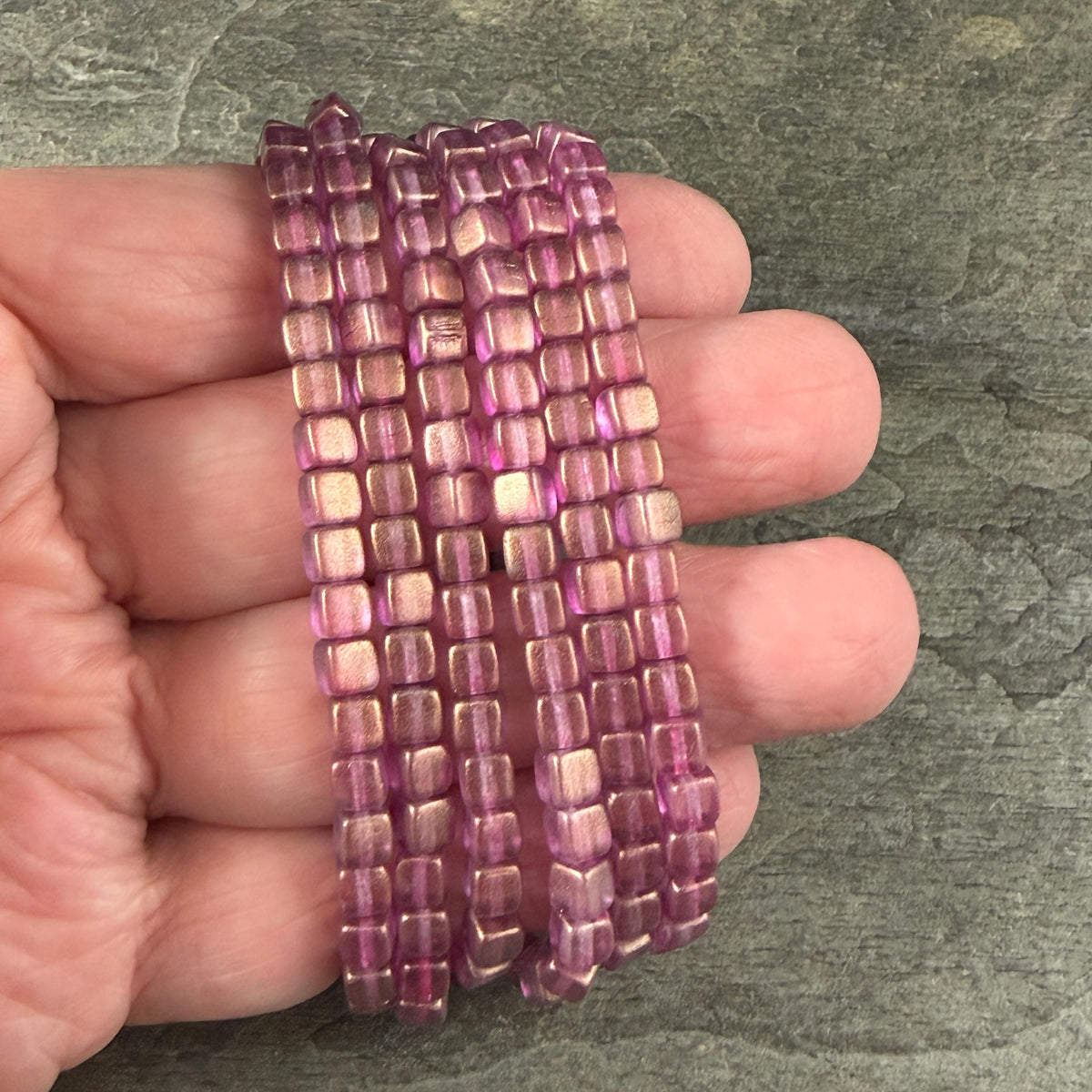 Czech Glass Beads - 4mm Cube Beads, Pink and Bronze Metallic Finish (CUB/N-0097) * Qty. 40