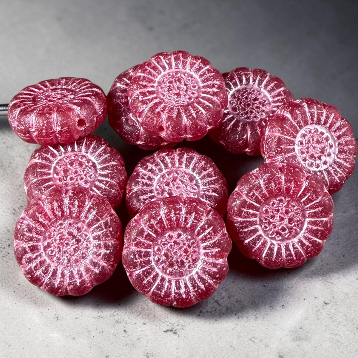 Czech Glass Beads - 13mm Sunflower Bead, Matte Red with Pink Wash (SFW/N-0995) * Qty. 10