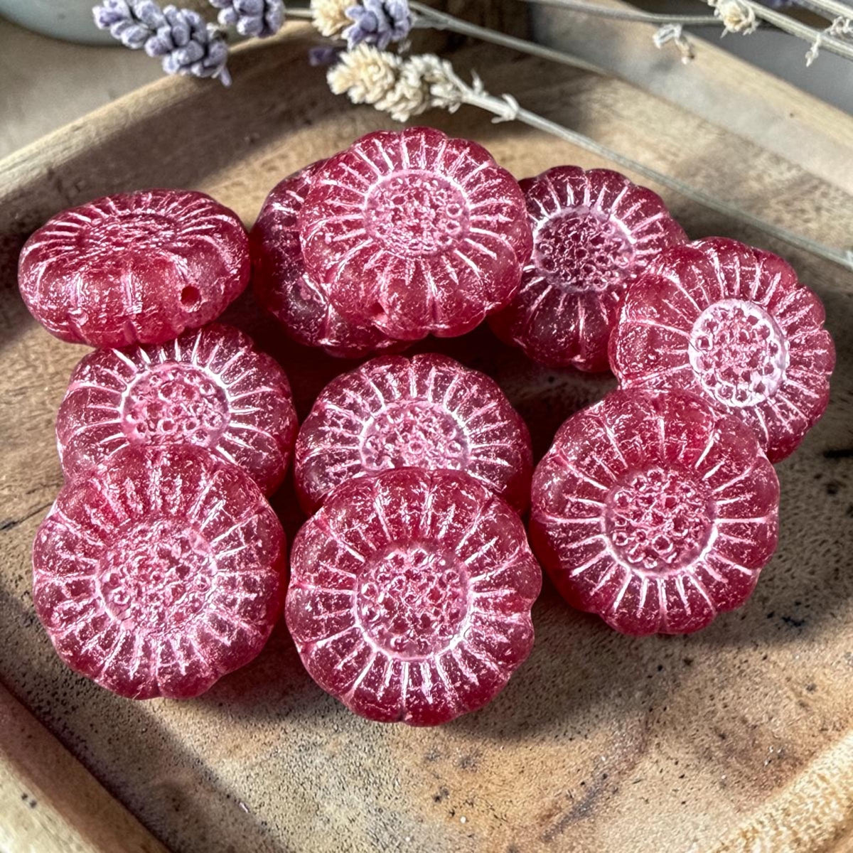 Czech Glass Beads - 13mm Sunflower Bead, Matte Red with Pink Wash (SFW/N-0995) * Qty. 10