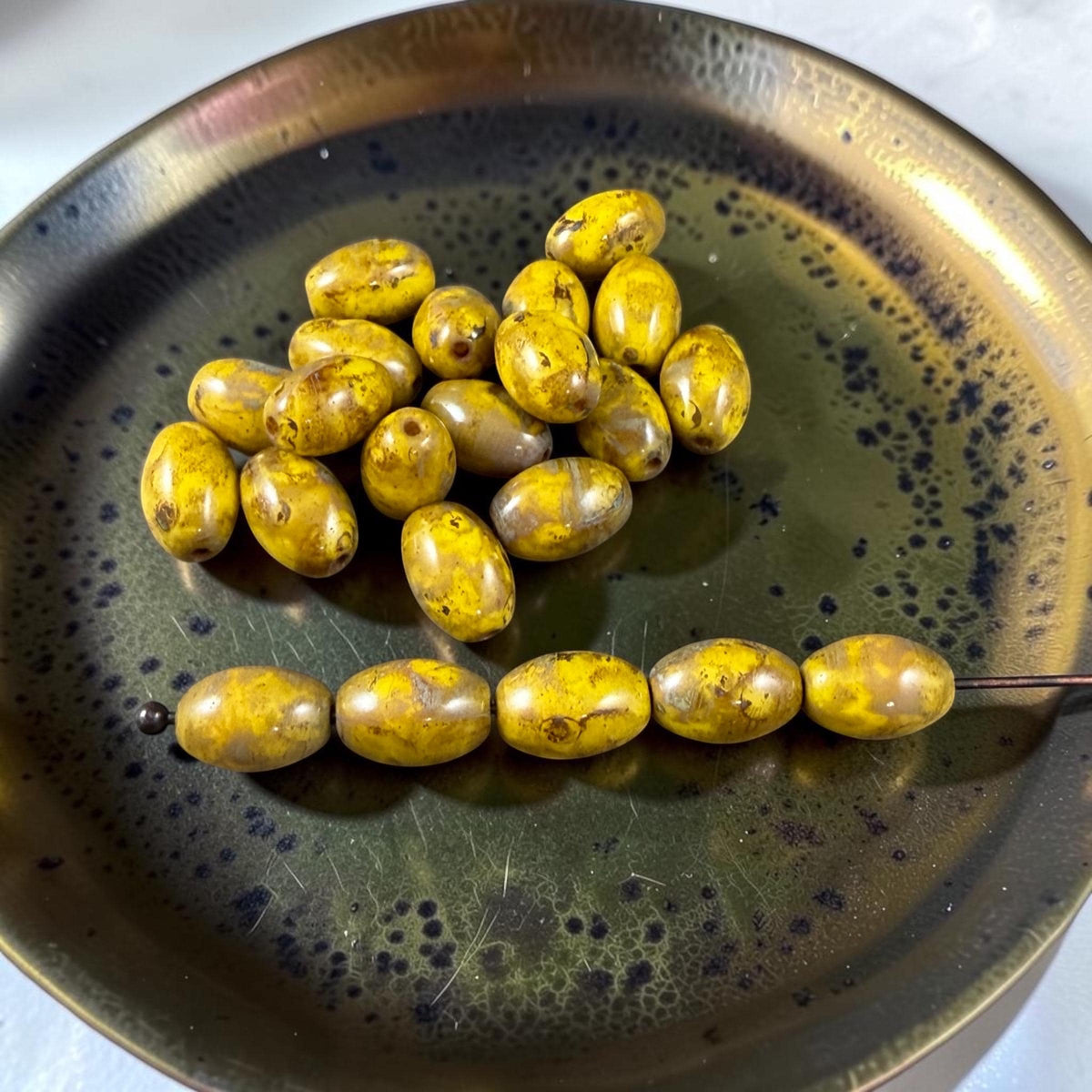 Czech Glass Beads - 9x6mm Olive Oval, Yellow Picasso (R964852) * 20 Beads